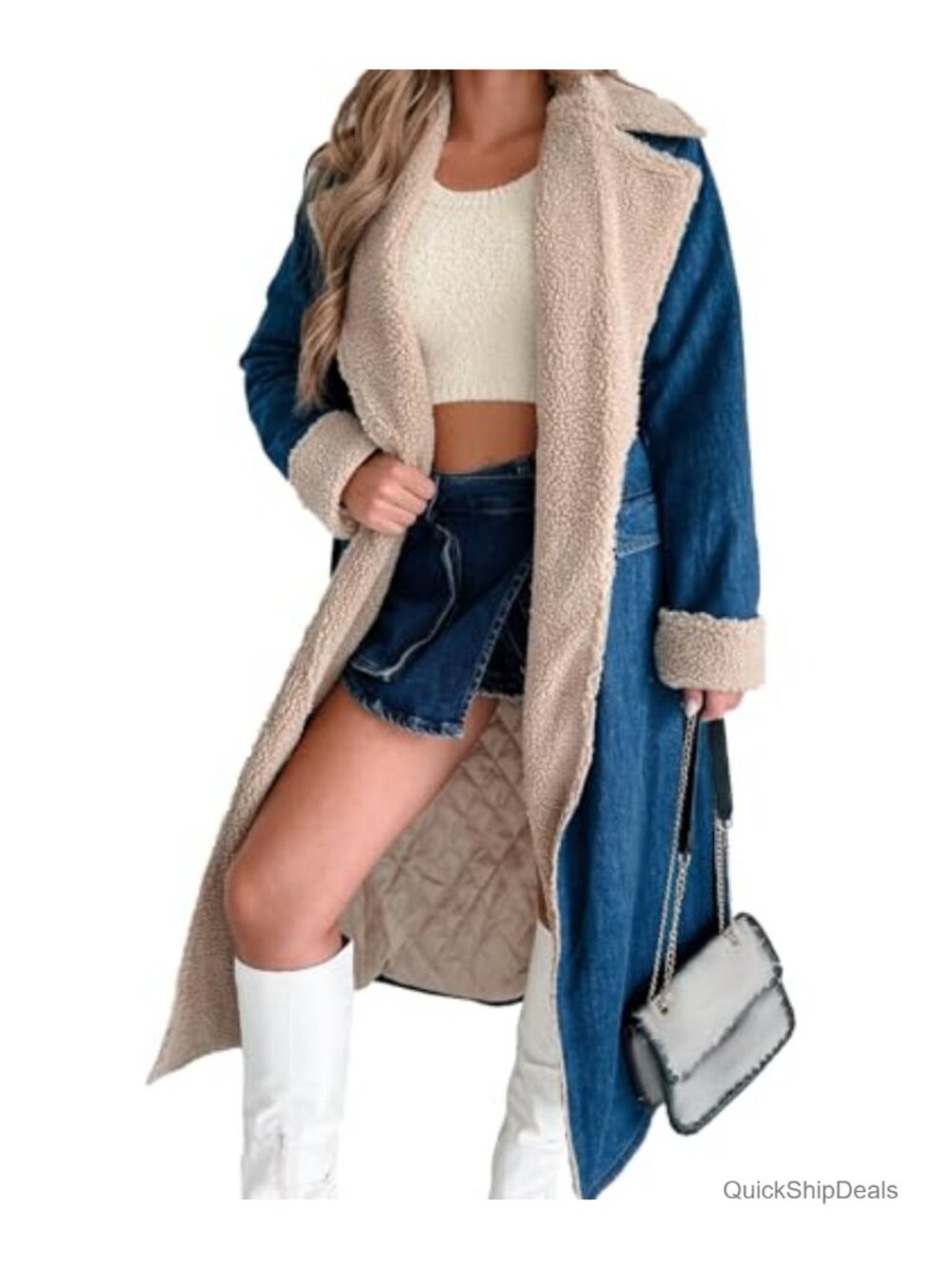 Women's Denim Trench Coat Sherpa Fleece Quilted Lined Windproof Thick Long